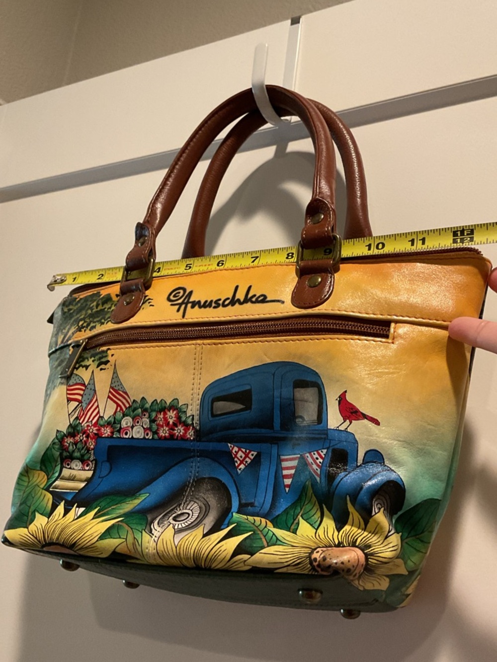 ANUSCHKA Blue Truck Barn Hand-Painted Leather Purse Handbag - Picture 8 of 15